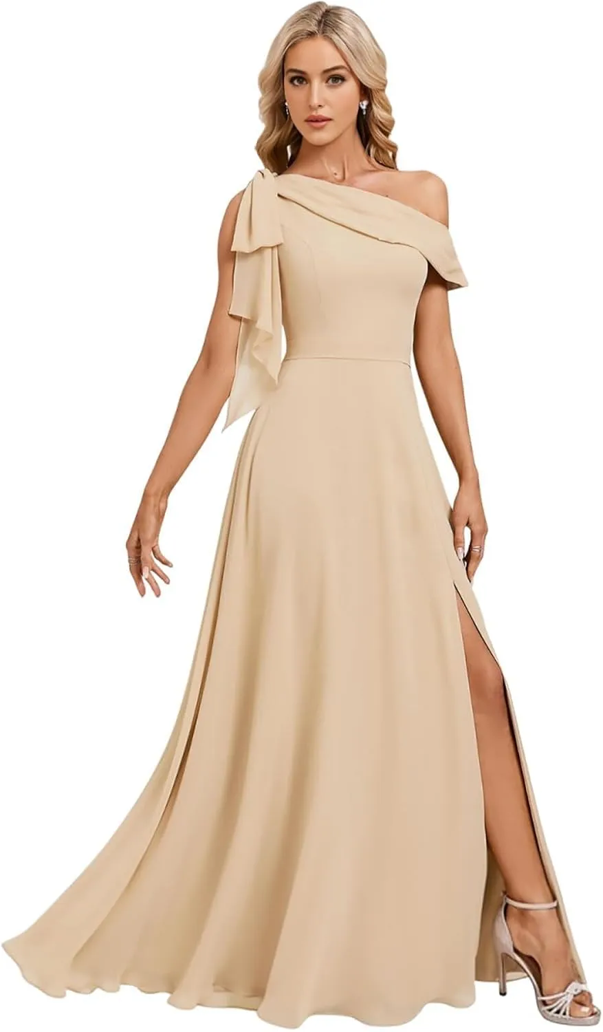 One Shoulder Bridesmaid Dresses for Women with Bow Chiffon Long Formal Dress with Slit