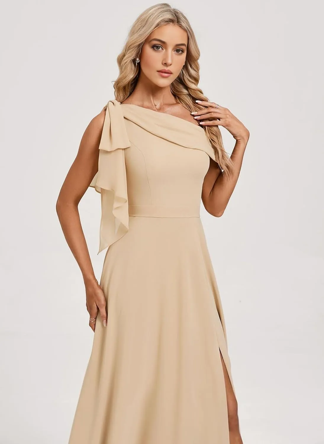 One Shoulder Bridesmaid Dresses for Women with Bow Chiffon Long Formal Dress with Slit