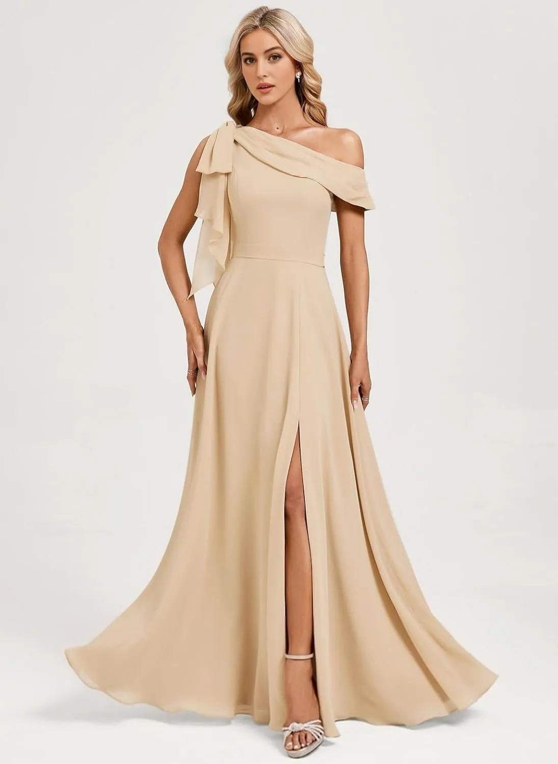 One Shoulder Bridesmaid Dresses for Women with Bow Chiffon Long Formal Dress with Slit