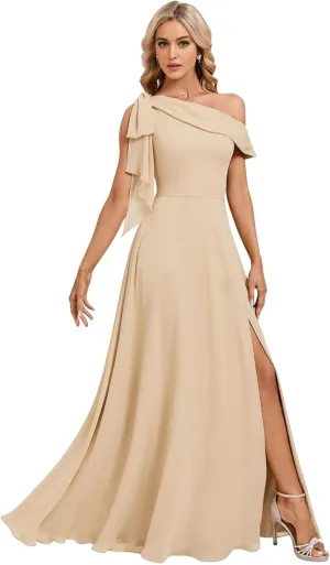One Shoulder Bridesmaid Dresses for Women with Bow Chiffon Long Formal Dress with Slit