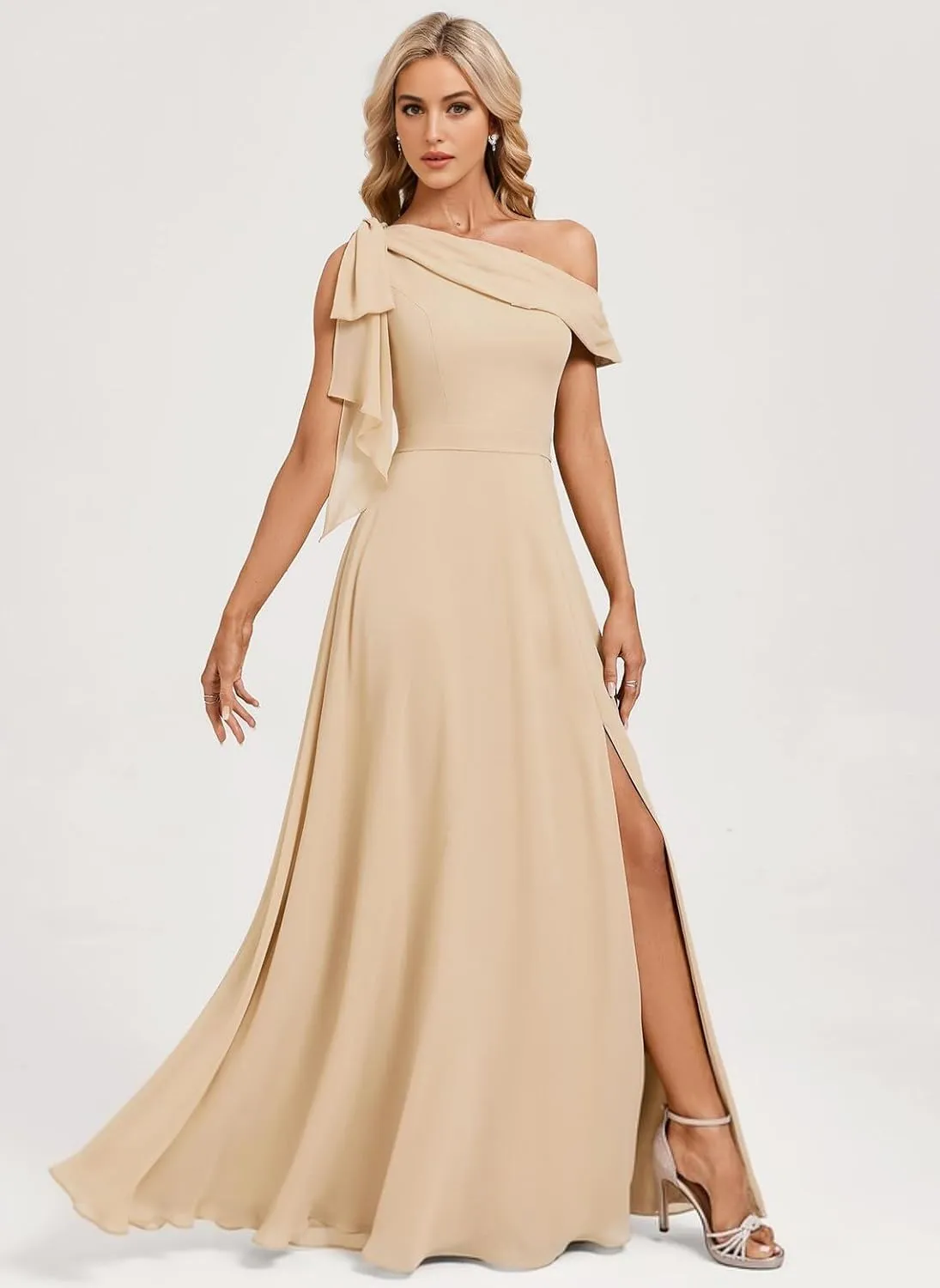 One Shoulder Bridesmaid Dresses for Women with Bow Chiffon Long Formal Dress with Slit