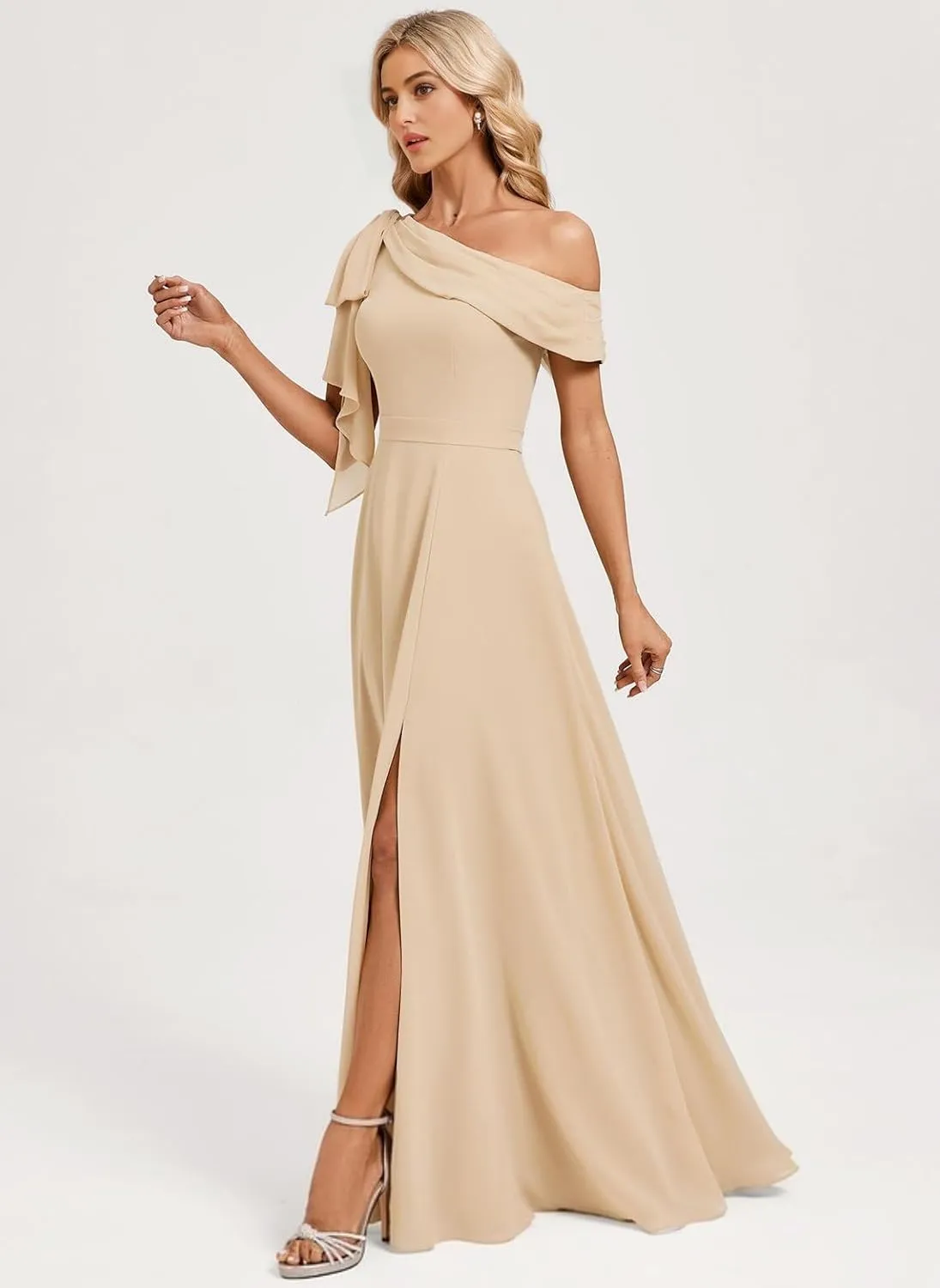 One Shoulder Bridesmaid Dresses for Women with Bow Chiffon Long Formal Dress with Slit