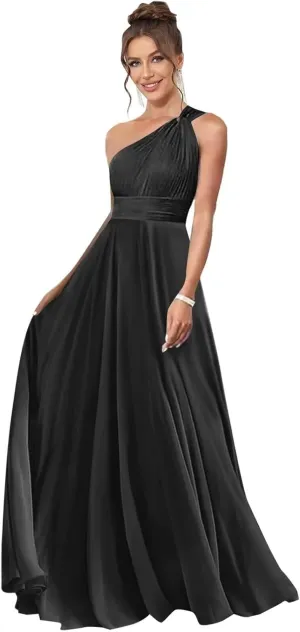 One Shoulder Bridesmaid Dresses with Pocket for Women Long A Line Formal Dress with Slit Ruched Chiffon Evening Gown