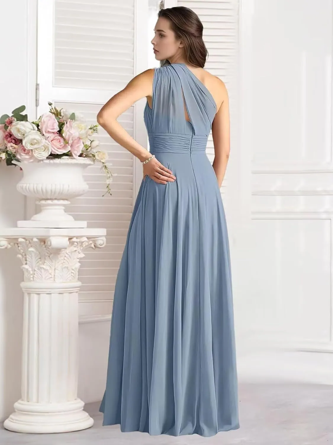One Shoulder Bridesmaid Dresses with Pocket for Women Long A Line Formal Dress with Slit Ruched Chiffon Evening Gown