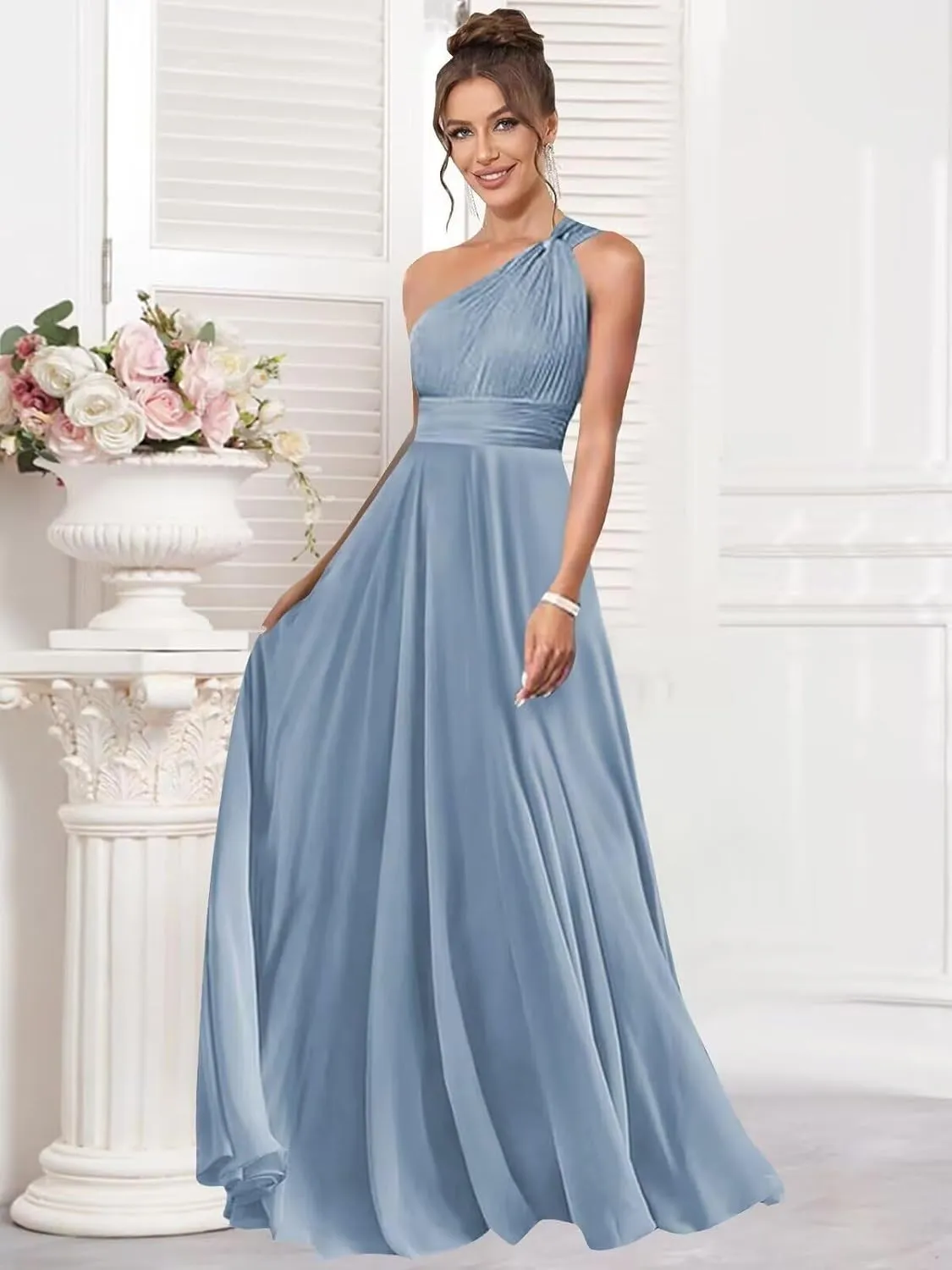 One Shoulder Bridesmaid Dresses with Pocket for Women Long A Line Formal Dress with Slit Ruched Chiffon Evening Gown