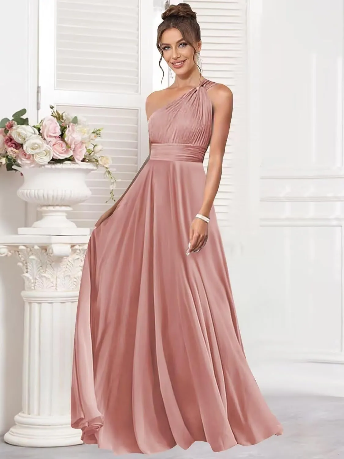 One Shoulder Bridesmaid Dresses with Pocket for Women Long A Line Formal Dress with Slit Ruched Chiffon Evening Gown