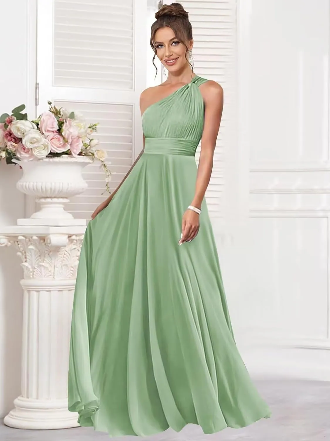 One Shoulder Bridesmaid Dresses with Pocket for Women Long A Line Formal Dress with Slit Ruched Chiffon Evening Gown