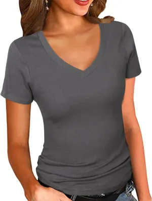 PALINDA Women's Short Sleeves Ribbed Fitted Shirt Basic V Neck Slim T Shirt Tops