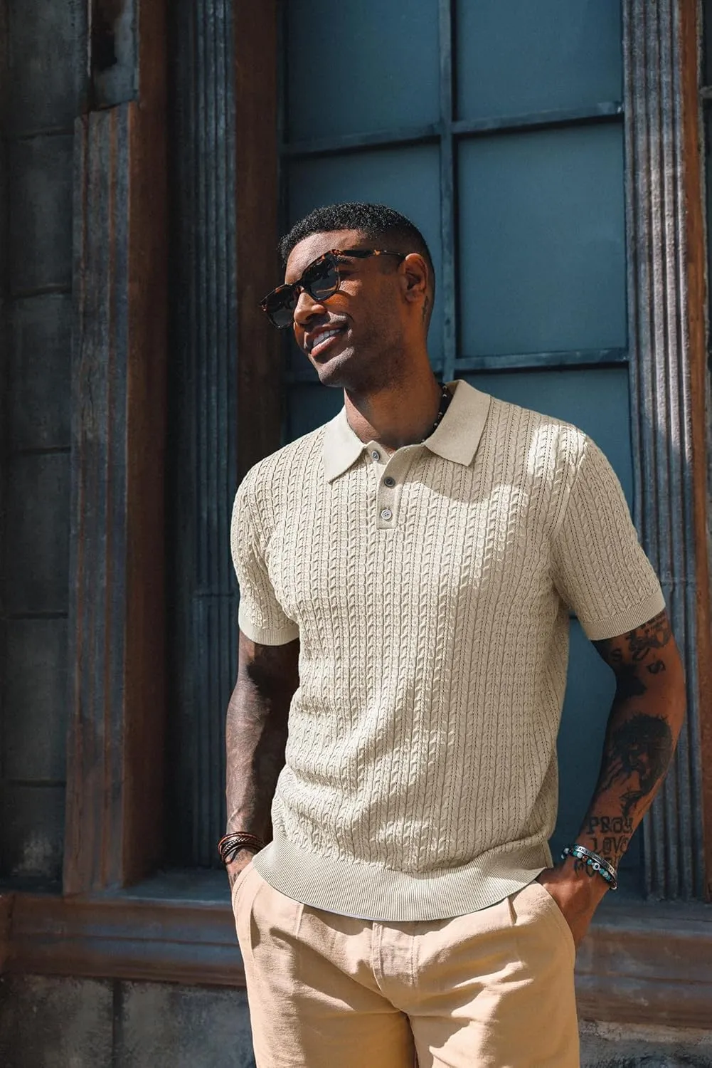 PJ PAUL JONES Mens Knit Polo Shirt Short Sleeve Hollow Out Knit Shirt Texture Knitted Polo