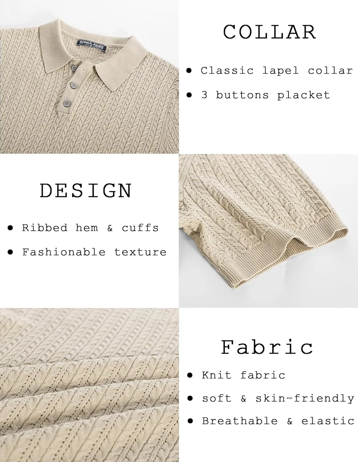 PJ PAUL JONES Mens Knit Polo Shirt Short Sleeve Hollow Out Knit Shirt Texture Knitted Polo