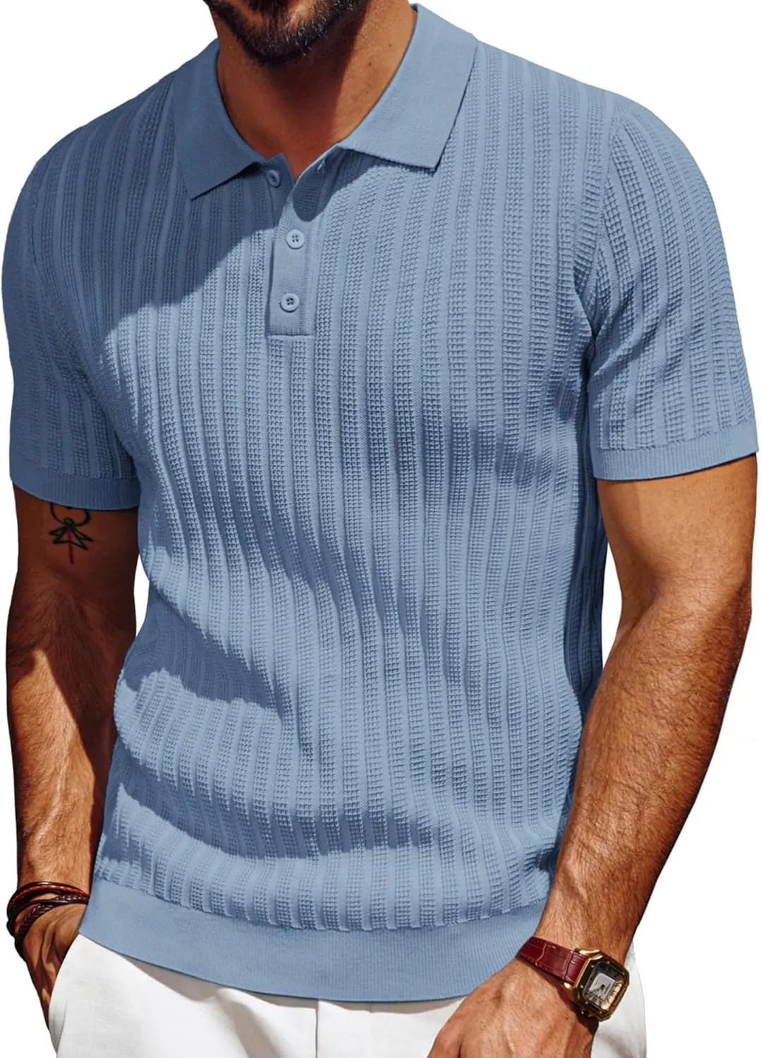 PJ PAUL JONES Mens Knit Polo Shirt Short Sleeve Textured Polo Shirts Casual Summer Collared Polo T Shirt