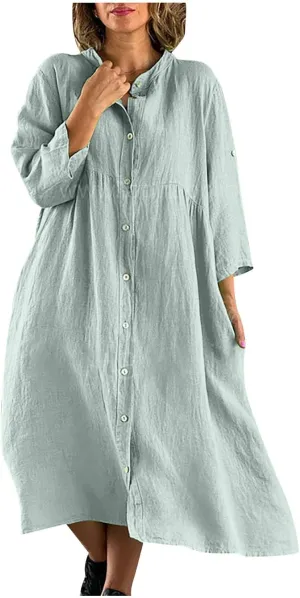 Plus Size 3/4 Sleeve Cotton Linen Shirt Dress Women Button Down Flowy A-Line Dresses Summer Coverup Midi Beach Dress