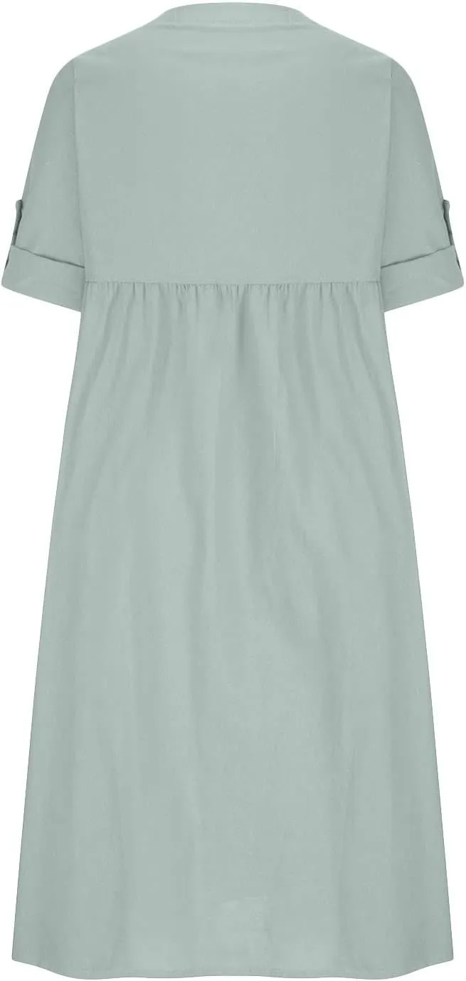 Plus Size 3/4 Sleeve Cotton Linen Shirt Dress Women Button Down Flowy A-Line Dresses Summer Coverup Midi Beach Dress