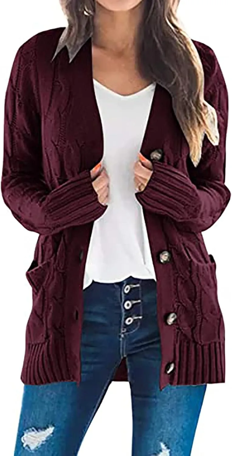 Plus Size Cardigan for Women Open Front Button Down Cable Knit Cardigan Sweaters Casual Long Sleeve Cardigans Coats
