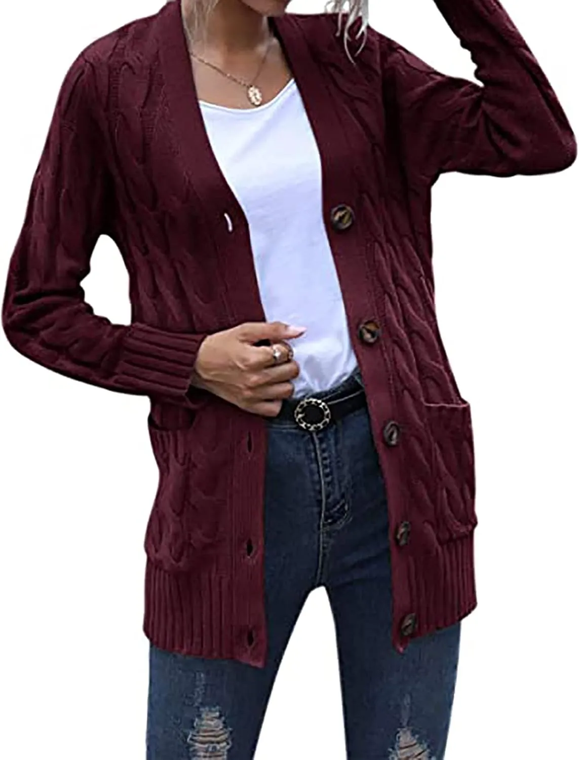 Plus Size Cardigan for Women Open Front Button Down Cable Knit Cardigan Sweaters Casual Long Sleeve Cardigans Coats