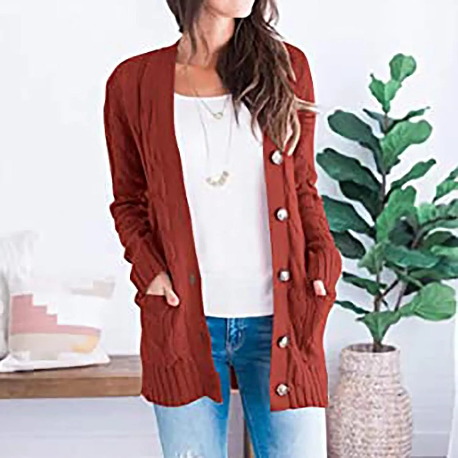 Plus Size Cardigan for Women Open Front Button Down Cable Knit Cardigan Sweaters Casual Long Sleeve Cardigans Coats