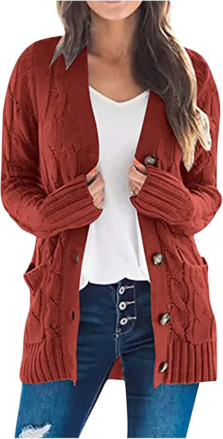 Plus Size Cardigan for Women Open Front Button Down Cable Knit Cardigan Sweaters Casual Long Sleeve Cardigans Coats