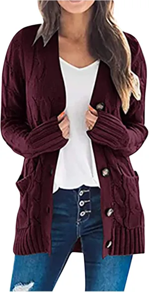 Plus Size Cardigan for Women Open Front Button Down Cable Knit Cardigan Sweaters Casual Long Sleeve Cardigans Coats