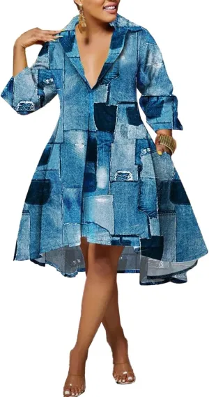 Plus Size Midi Dress for Women Casual Fall A Line Swing 3/4 Sleeve African Collared V Neck Party Shirt Dress