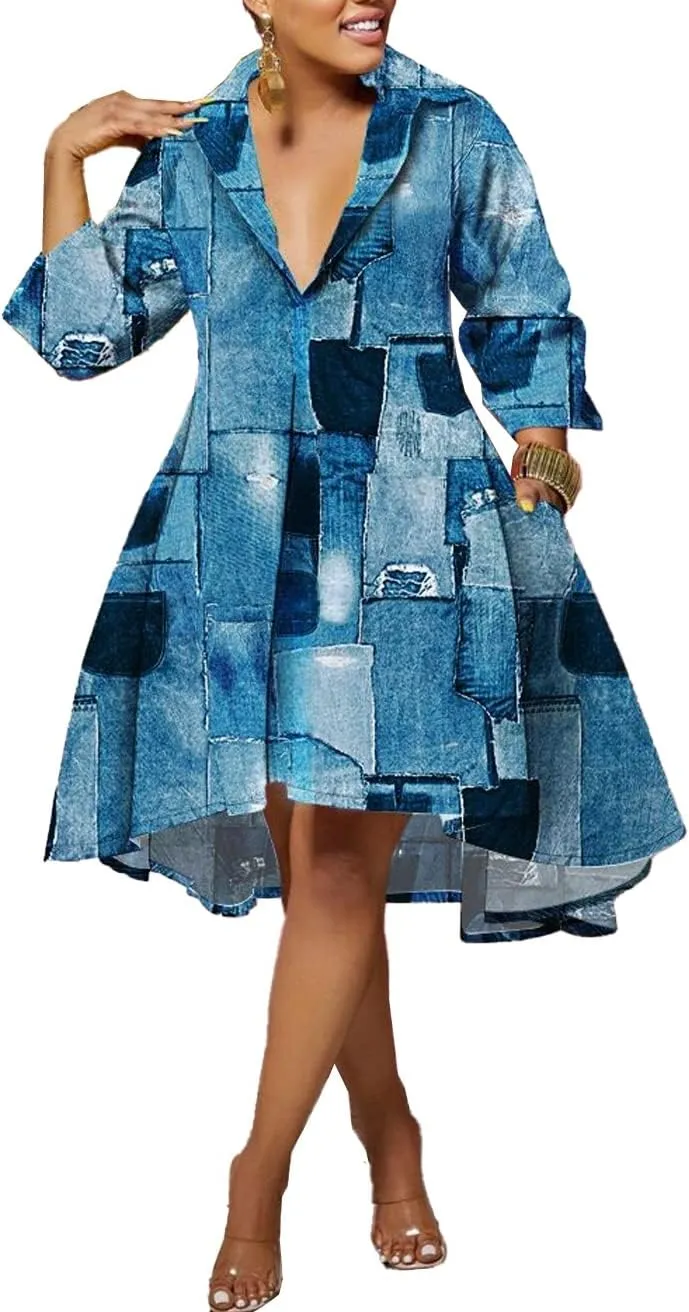 Plus Size Midi Dress for Women Casual Fall A Line Swing 3/4 Sleeve African Collared V Neck Party Shirt Dress