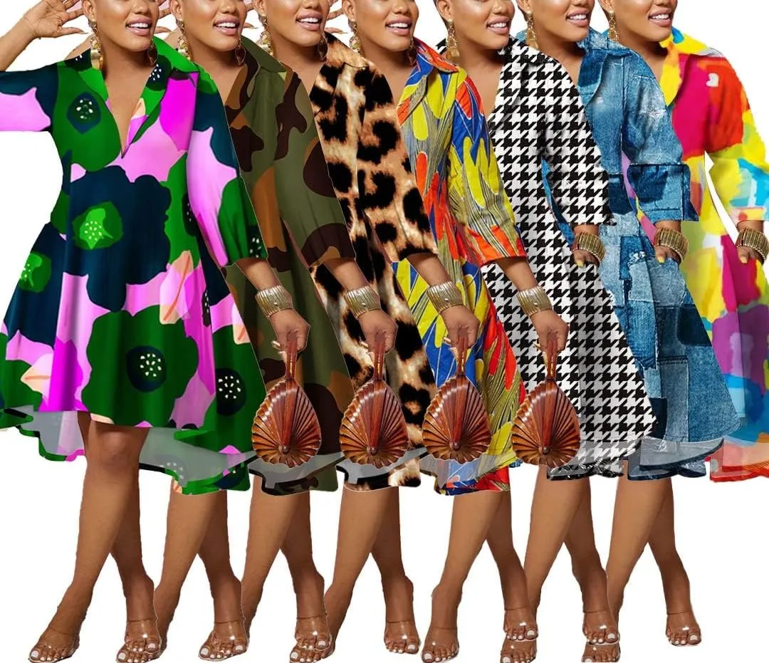 Plus Size Midi Dress for Women Casual Fall A Line Swing 3/4 Sleeve African Collared V Neck Party Shirt Dress