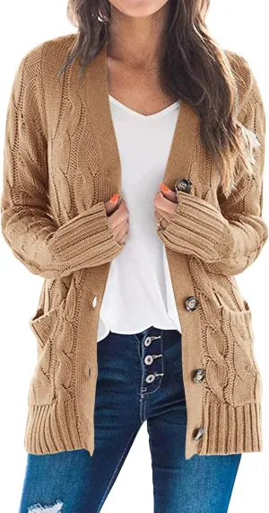 PRETTYGARDEN Women's Open Front Cardigan Sweaters Fall Fashion Button Down Cable Knit Chunky Winter Outerwear Coats