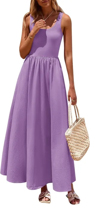 PRETTYGARDEN Womens Summer Casual Scoop Neck Sleeveless Long Dresses Tank Top Patchwork Aline Swing Maxi Dress with Pockets