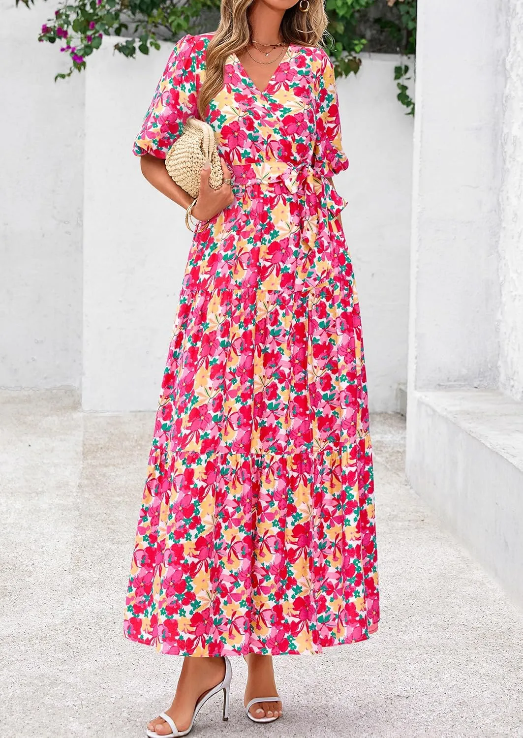 PRETTYGARDEN Women's Summer Maxi Dress 2025 Resort Wear Boho Floral V Neck Puff Short Sleeve Ruffle Flowy Beach Long Dresses