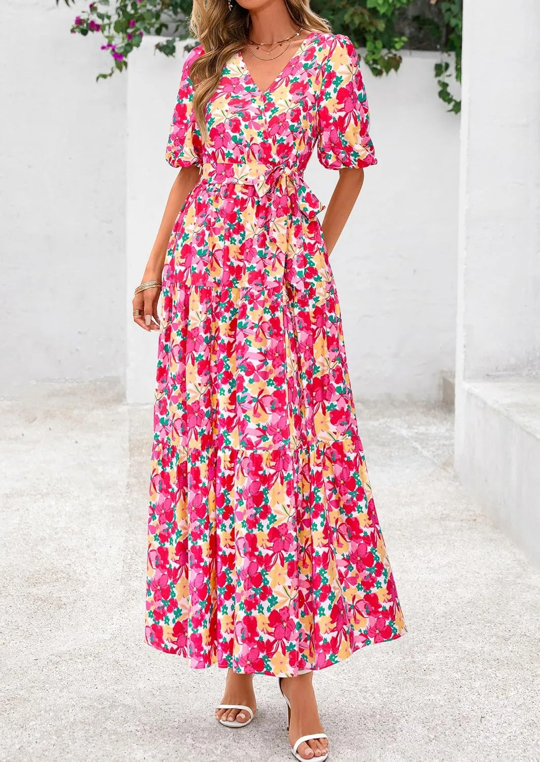 PRETTYGARDEN Women's Summer Maxi Dress 2025 Resort Wear Boho Floral V Neck Puff Short Sleeve Ruffle Flowy Beach Long Dresses