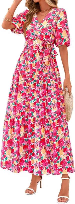 PRETTYGARDEN Women's Summer Maxi Dress 2025 Resort Wear Boho Floral V Neck Puff Short Sleeve Ruffle Flowy Beach Long Dresses