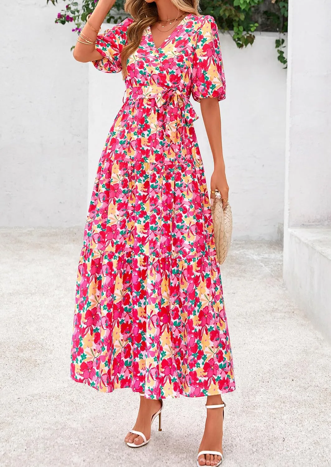 PRETTYGARDEN Women's Summer Maxi Dress 2025 Resort Wear Boho Floral V Neck Puff Short Sleeve Ruffle Flowy Beach Long Dresses