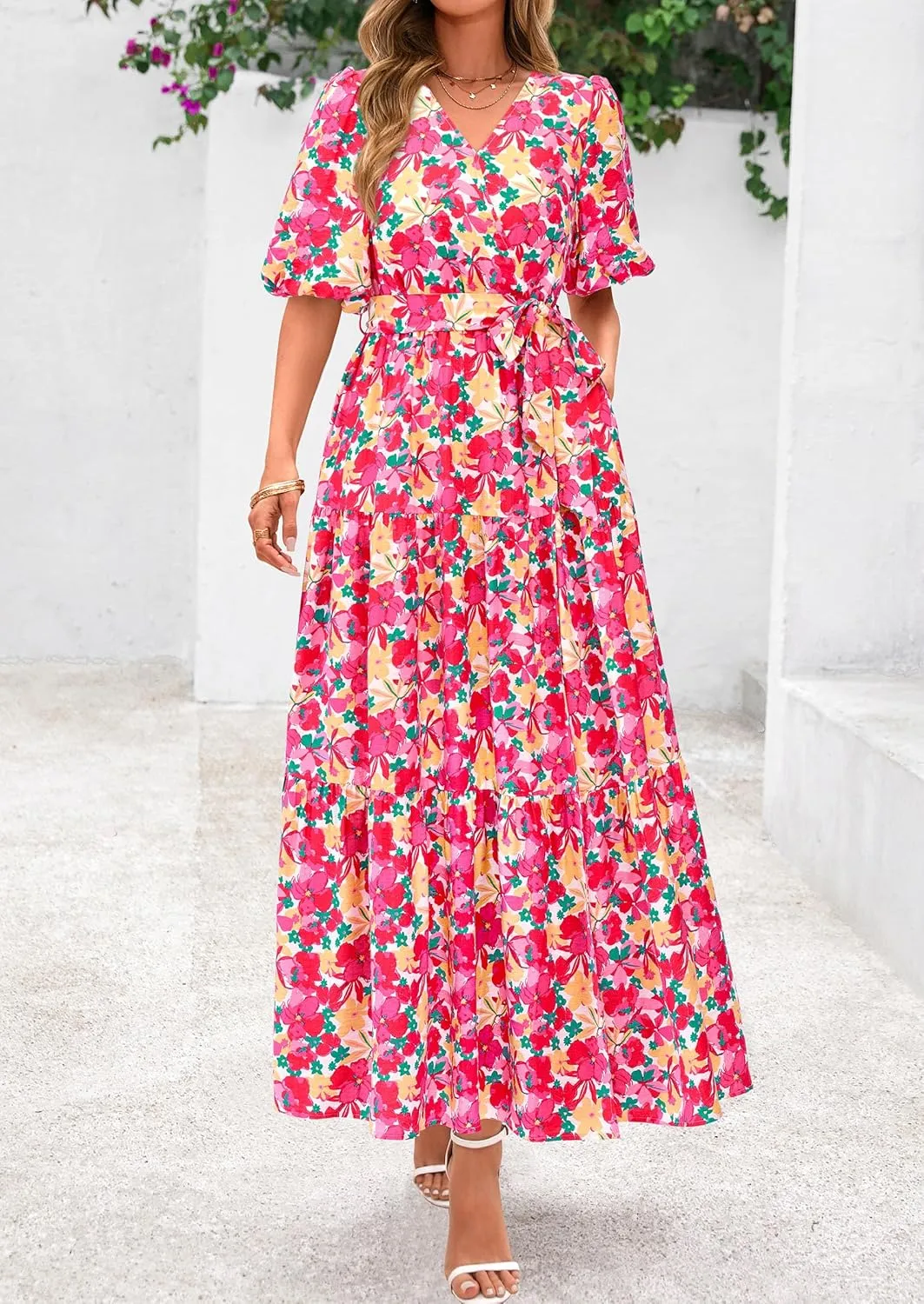 PRETTYGARDEN Women's Summer Maxi Dress 2025 Resort Wear Boho Floral V Neck Puff Short Sleeve Ruffle Flowy Beach Long Dresses