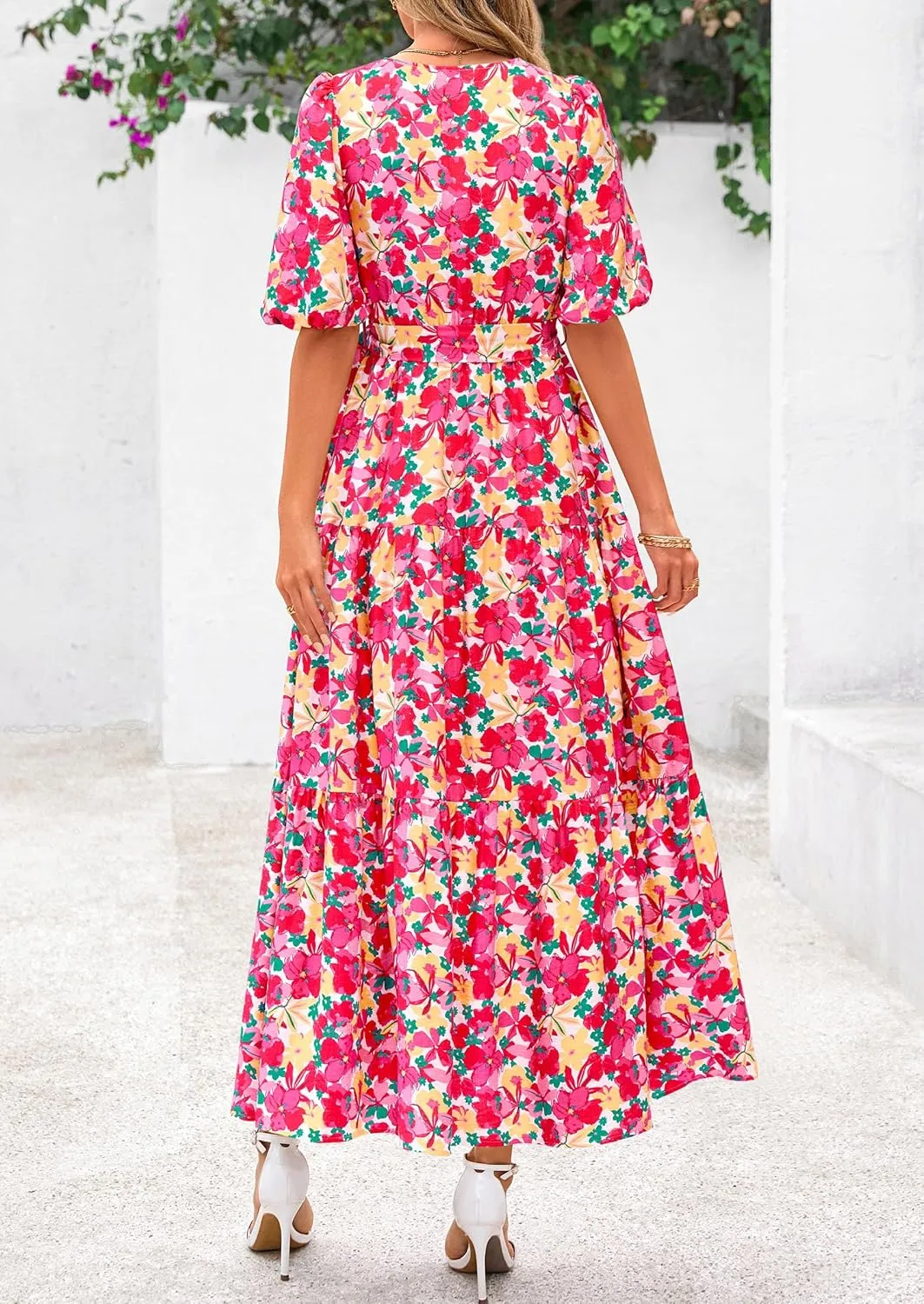 PRETTYGARDEN Women's Summer Maxi Dress 2025 Resort Wear Boho Floral V Neck Puff Short Sleeve Ruffle Flowy Beach Long Dresses