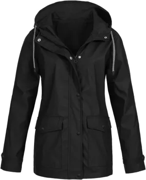 Rain Jacket Women,Lightweight Long Sleeve Raincoat Outdoor Hooded Waterproof Jacket Windbreaker Zip Up Trench