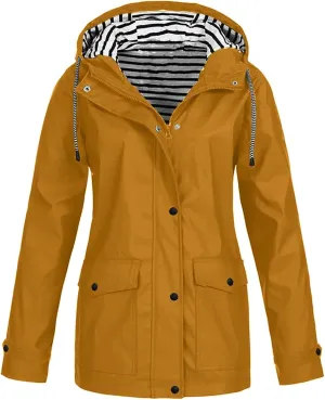 Rain Jacket Women,Lightweight Long Sleeve Raincoat Outdoor Hooded Waterproof Jacket Windbreaker Zip Up Trench