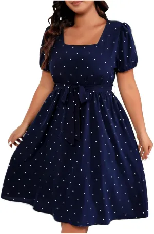 Retro Polka Dots Aline Dress for Women Plus Size Square Neck Short Sleeve Midi Dresses Pleated Flowy Work Dress
