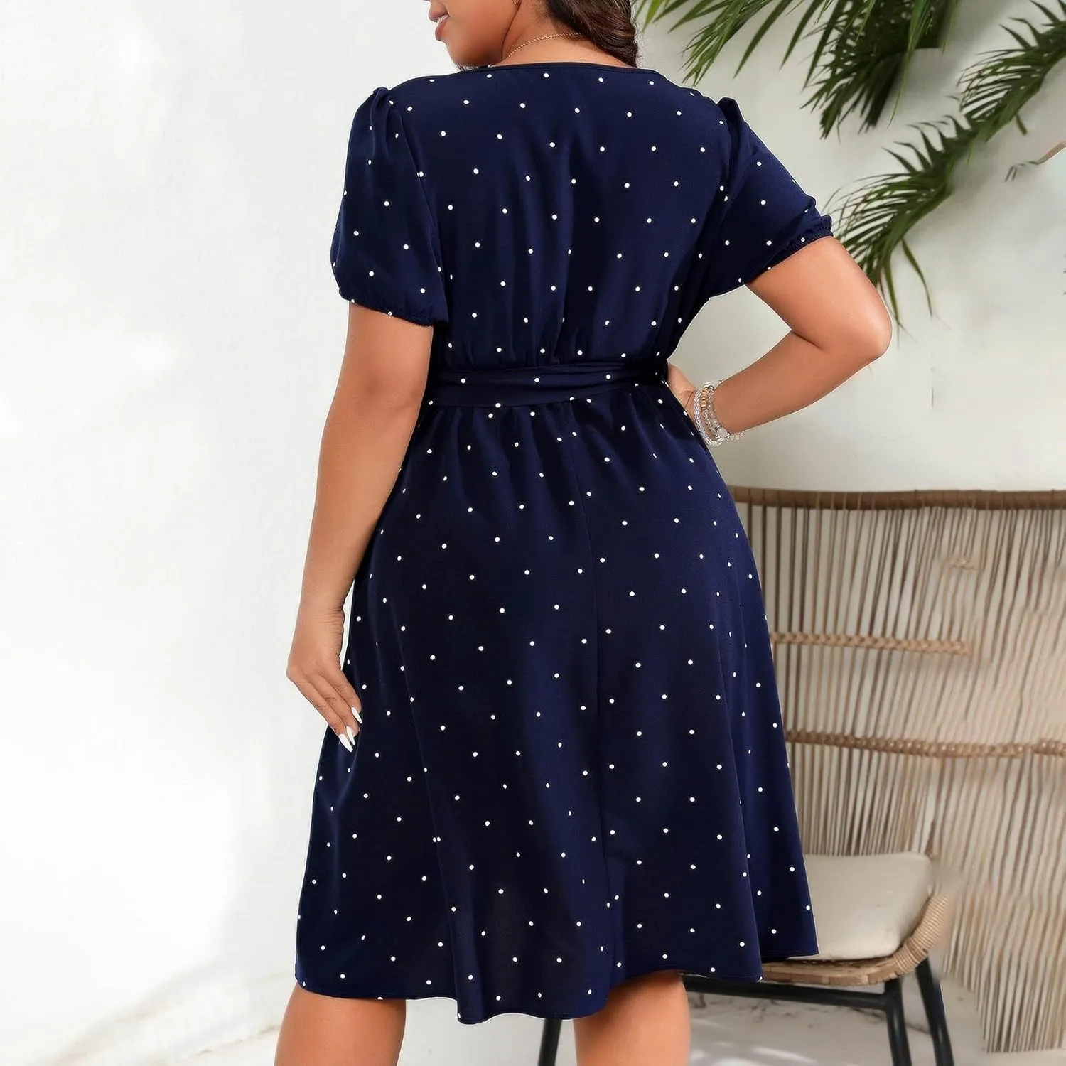 Retro Polka Dots Aline Dress for Women Plus Size Square Neck Short Sleeve Midi Dresses Pleated Flowy Work Dress