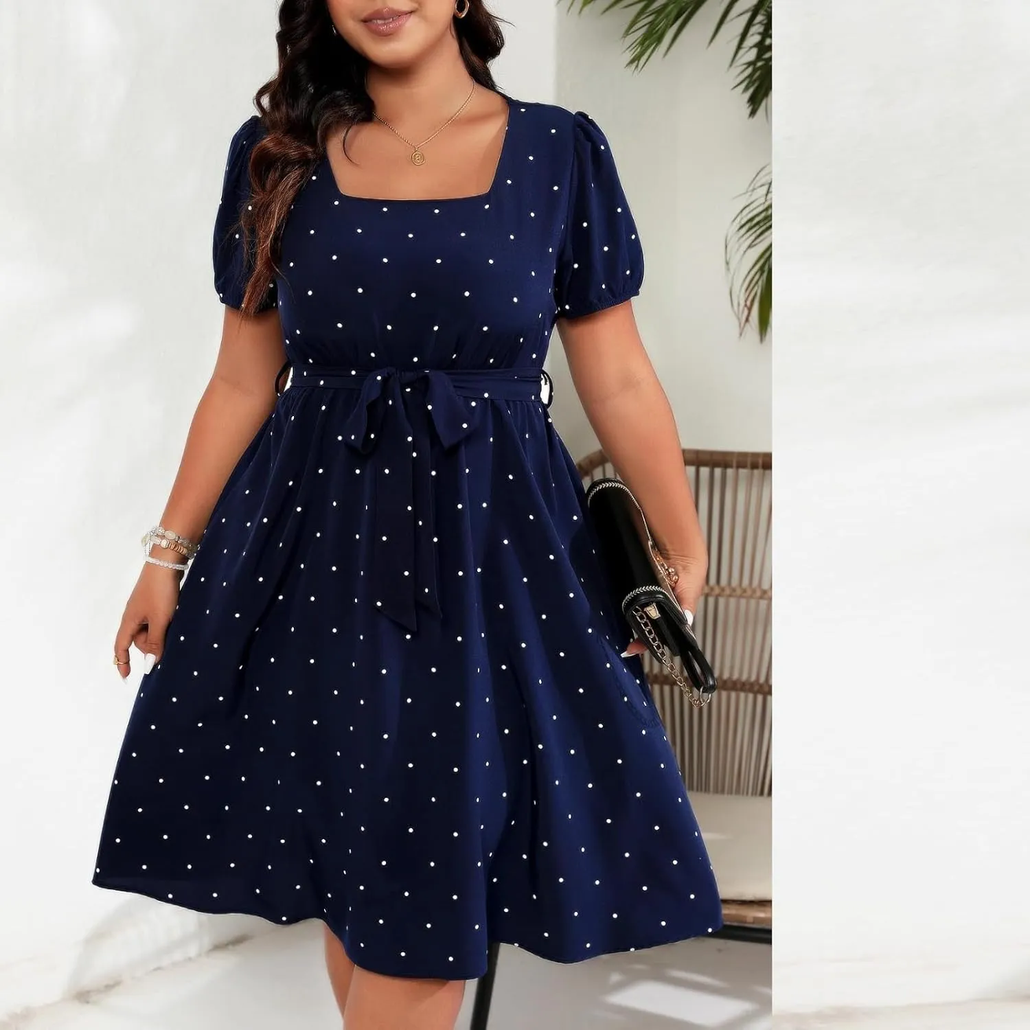 Retro Polka Dots Aline Dress for Women Plus Size Square Neck Short Sleeve Midi Dresses Pleated Flowy Work Dress