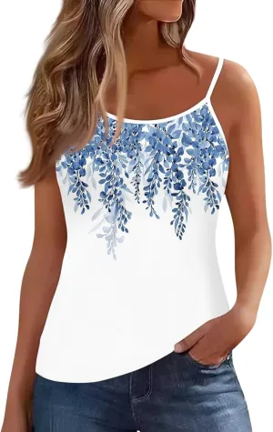 Ribbed Tank Top Spaghetti Strap Summer Womens Vest Top Trendy Floral Sleeveless Scoop Neck Workout Athletic Cami Sexy Tank Running Camisole Cotton Beach Y2K Floral Flowy Tankini Sky Blue S