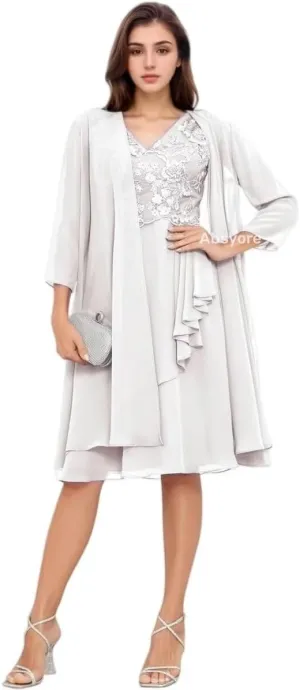 Ruffle Chiffon 2 Piece Mother of The Bride Dress with Jacket 3/4 Sleeves Formal Lace Prom Gown for Wedding Guest