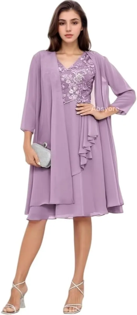 Ruffle Chiffon 2 Piece Mother of The Bride Dress with Jacket 3/4 Sleeves Formal Lace Prom Gown for Wedding Guest