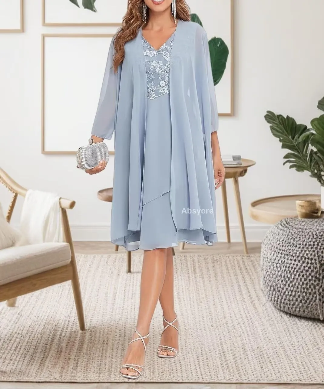 Ruffle Chiffon 2 Piece Mother of The Bride Dress with Jacket 3/4 Sleeves Formal Lace Prom Gown for Wedding Guest