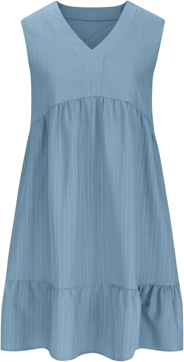 Ruffle Hem Beach Sundress for Women Summer Casual Wrinkles Sleeveless V Neck Tank Dresss Cute Babydoll Mini Dresses