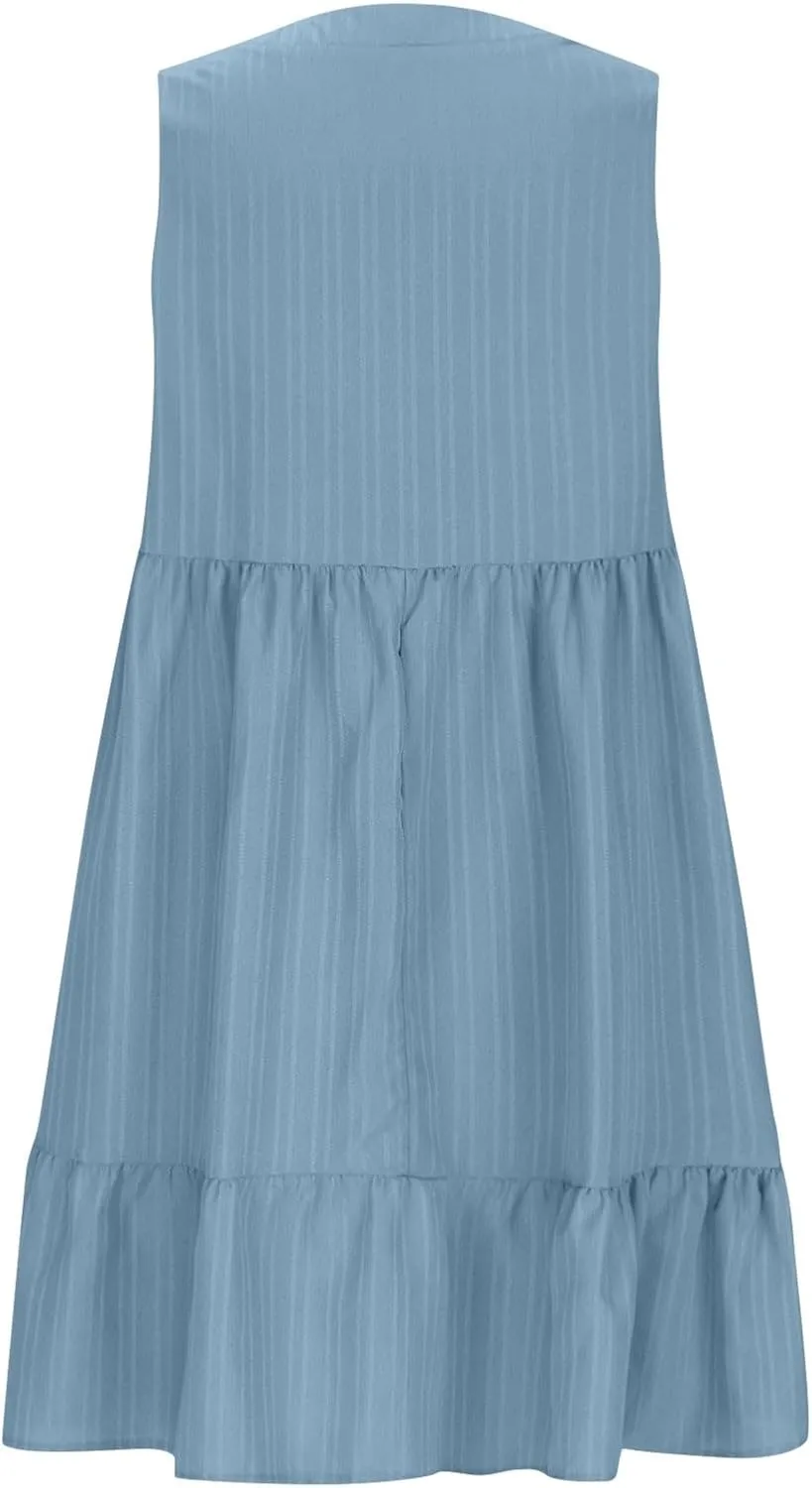 Ruffle Hem Beach Sundress for Women Summer Casual Wrinkles Sleeveless V Neck Tank Dresss Cute Babydoll Mini Dresses