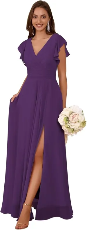Ruffle Sleeve Bridesmaid Dresses for Women V Neck Pleated A Line Long Chiffon Formal Evening Dress with Slit