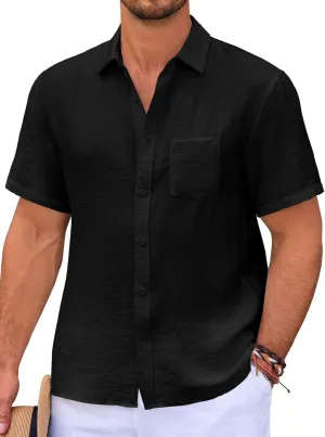Runcati Mens Casual Shirts Button Down Short Sleeve Lightweight Linen Shirt Summer Beach Tops with Pocket