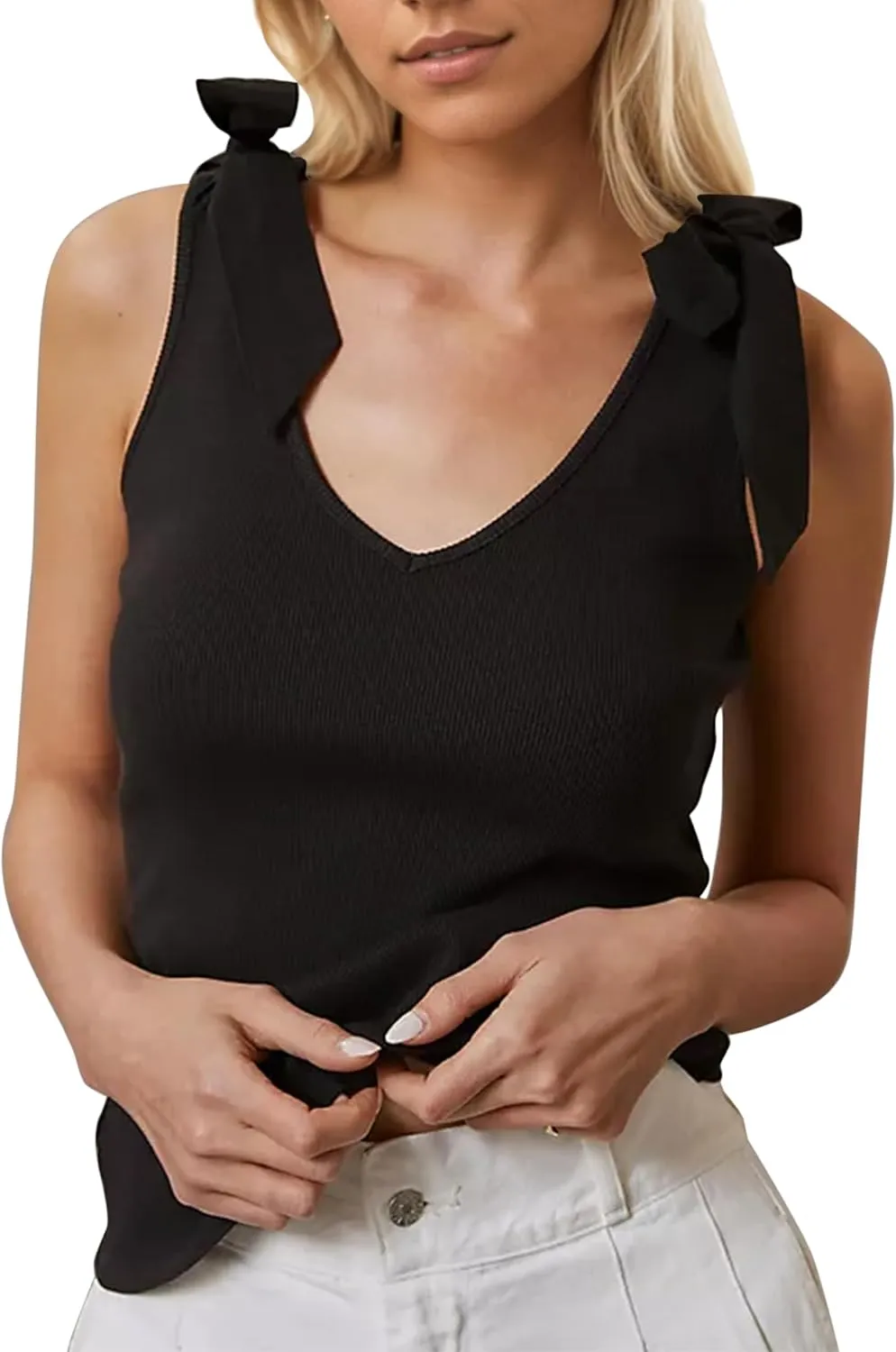 SAFRISIOR Women's Bow Tie Tank Tops V Neck Shoulder Strap Sleeveless Shirts Slim Fit Summer Going Out Knit Camisoles