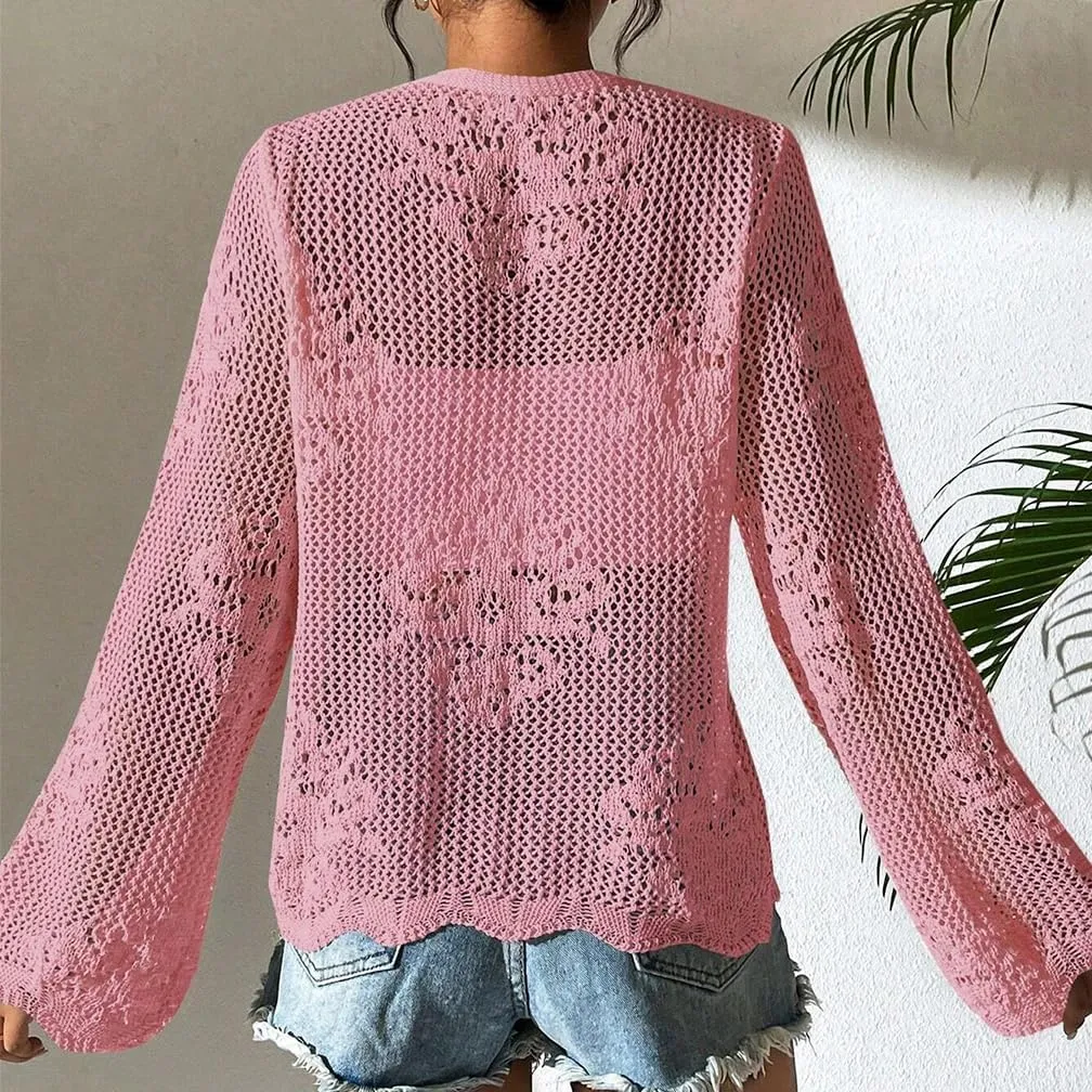 Sdencin Women Hollow Out Tie Front Crochet Knit Cardigan Autumn Long Sleeve Casual Loose Open Front Cardigan Cover Up