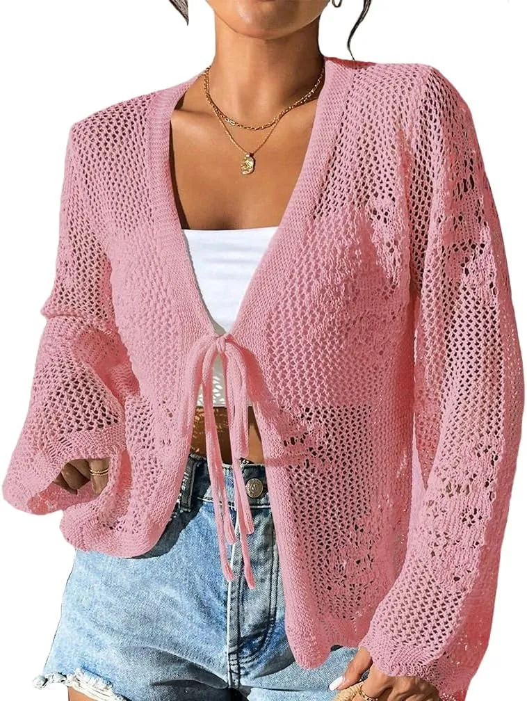 Sdencin Women Hollow Out Tie Front Crochet Knit Cardigan Autumn Long Sleeve Casual Loose Open Front Cardigan Cover Up