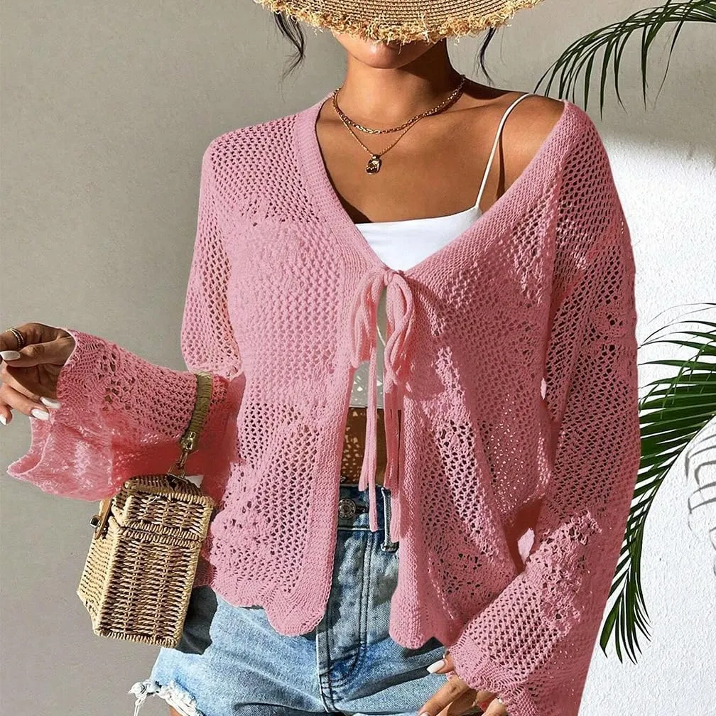 Sdencin Women Hollow Out Tie Front Crochet Knit Cardigan Autumn Long Sleeve Casual Loose Open Front Cardigan Cover Up